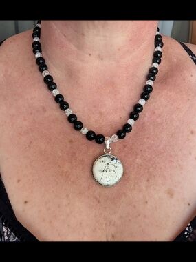 Black Beaded Necklace with White Stone Pendant